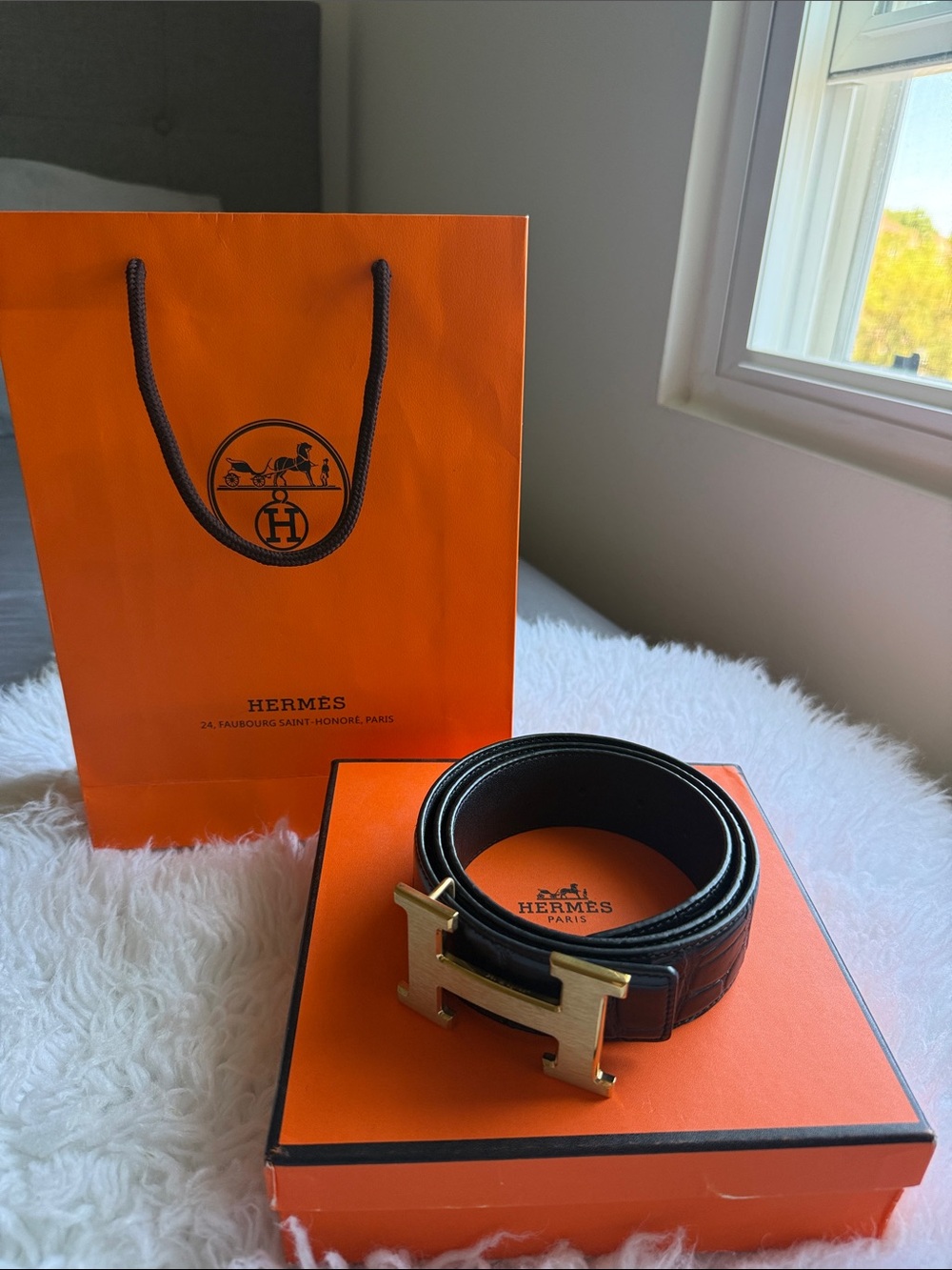 Hermes Black Leather Belt with Gold H Buckle